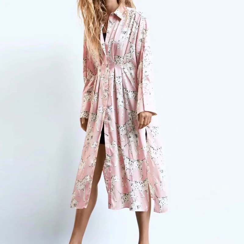 Женское платье рубашка KUMSVAG свободное с принтом животных длинным рукавом