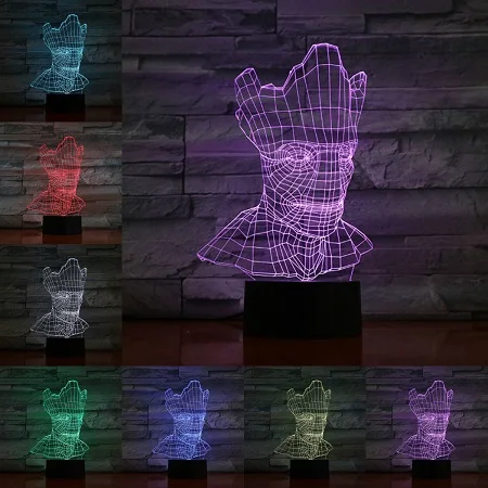 B Мультфильм Groot 3D Светодиодная лампа USB лампа 7 цветов ночник для дома спальня настольная Современная креативная лампа акриловая пластина сенсорная дистанционная база - Испускаемый цвет: B
