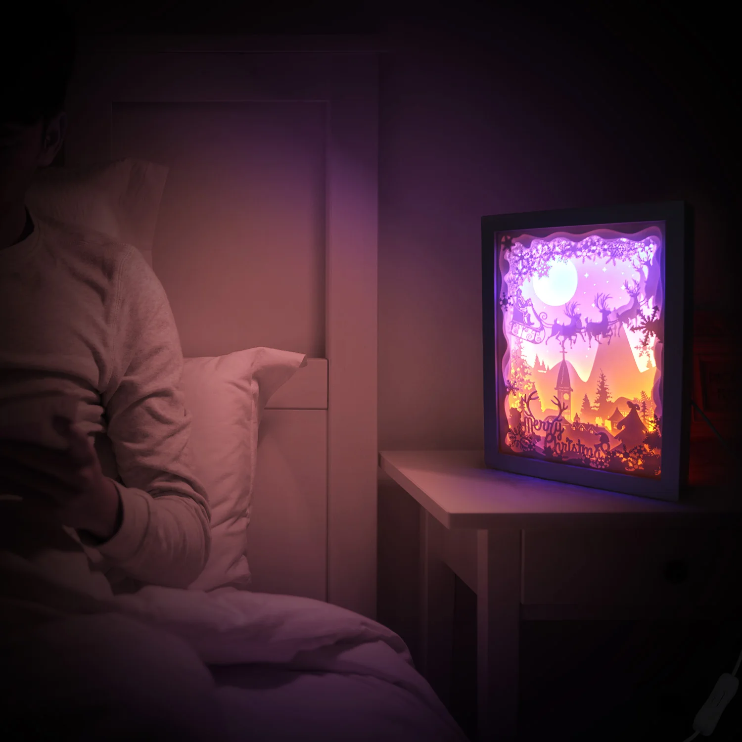 Счастливого Рождества 3D теней для век Бумага резьба кроя светодиодный Ночной