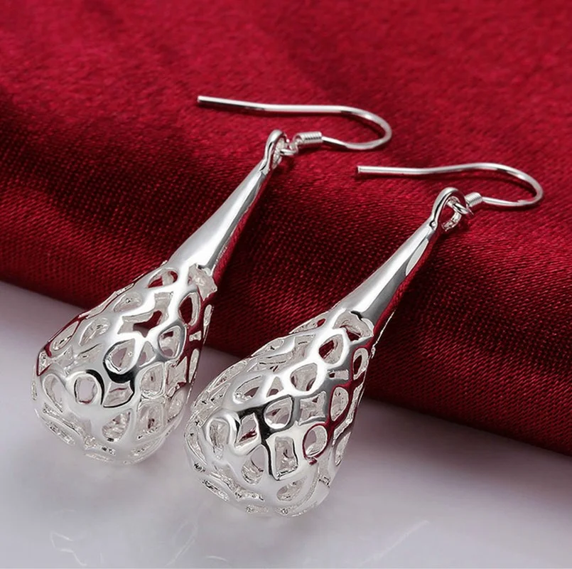 

Classic Hollow Out Long Water Drop Shaped Dangle Earrings Silver Color for Women Party Wedding Wholesale Jewelry