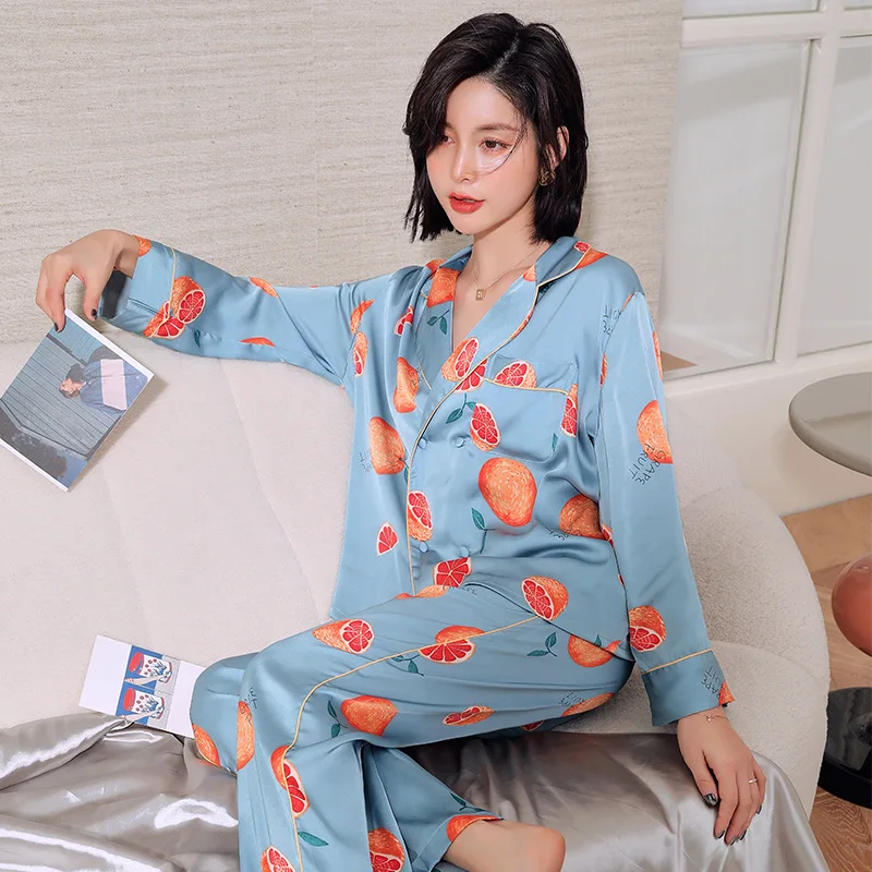 Двубортные пижамные комплекты с принтом из ледяного шелка для женщин домашняя