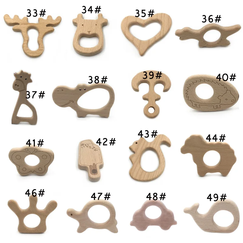 Mordedor de madera de haya Natural hecho a mano para reci&eacute;n nacido, bonito Animal de dibujos animados, 100 Uds.-3