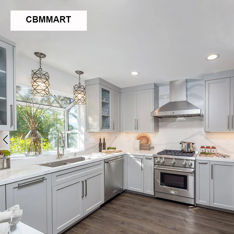 Роскошный серый шейкер стиль твердый деревянный шкаф кухонный шкаф|Кухонные