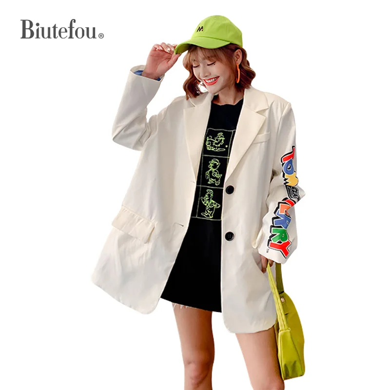 2020 весенние куртки с мультяшным принтом и зубчатым воротником Модные женские