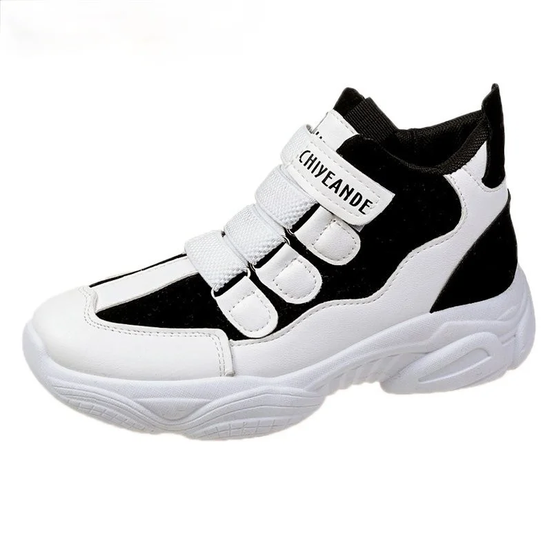 

Women Sneakers High Top Velcro Flats Leather All-Match White Shoes Student Female Casual Platform Increase Vulcanized