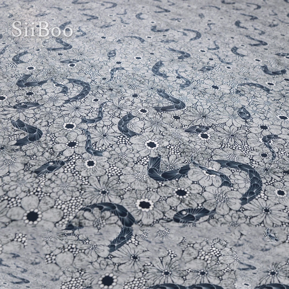 Винтажная синяя ткань с цветочным принтом из 100% шелка крепдешина для платья