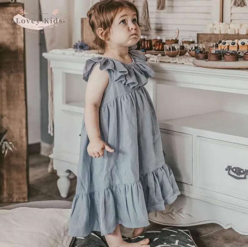 

2021 весеннее платье для маленьких девочек, без рукавов, однотонные свободные платья с оборками и круглым воротником, платья принцессы, милая ...