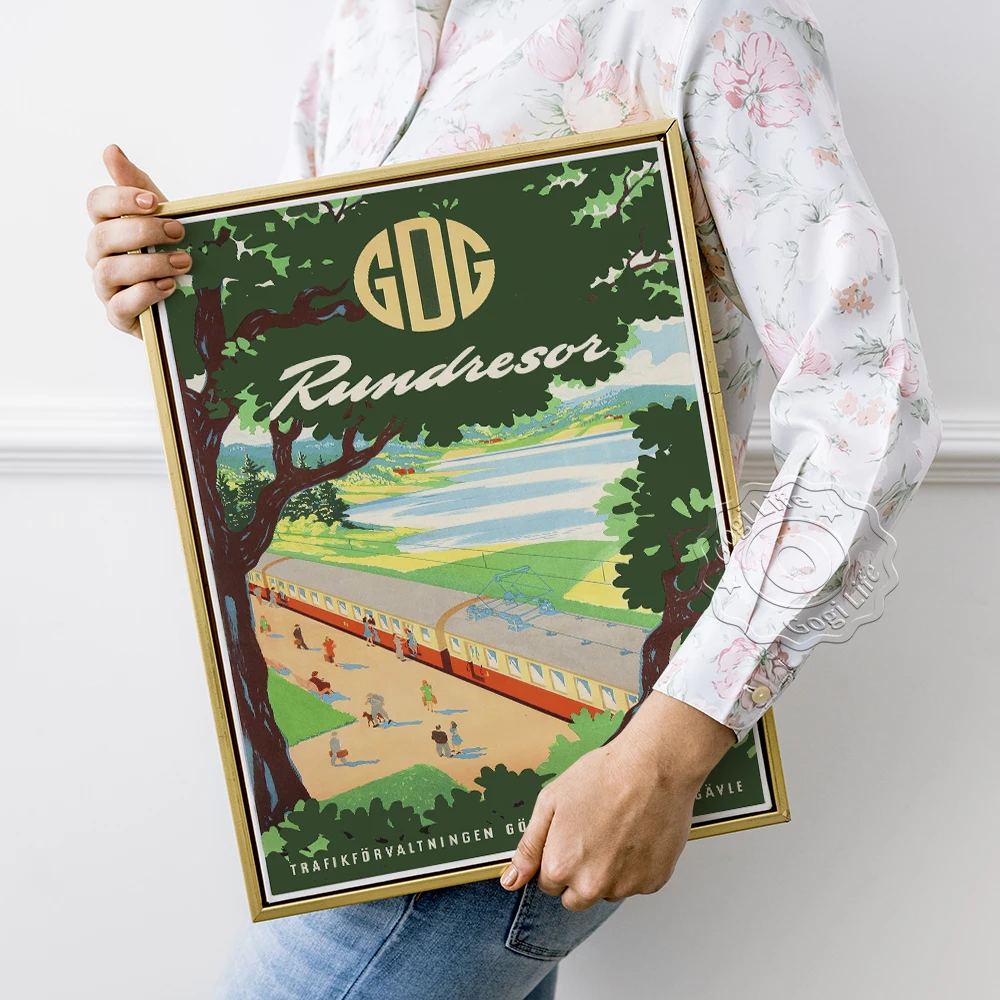 

Swedish Railway Vintage Advertisement Wall Art Poster, Holiday Train Travel Publicity Canvas Painting, Retro Wall Picture Decor