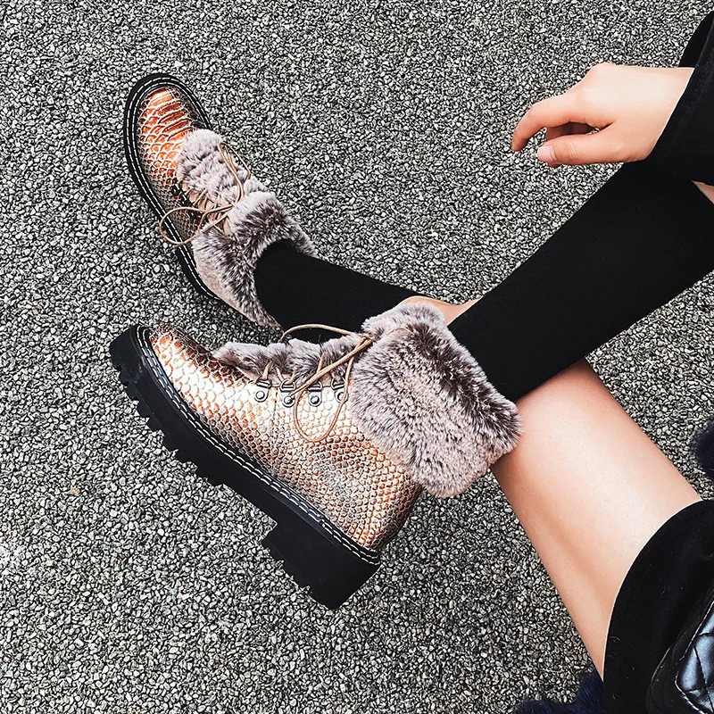 

Genuine Leather Warm Wool Snow Boots woman 5cm thick high Heels Shoes Woman Comfortable Autumn Winter lace up shoes Woman