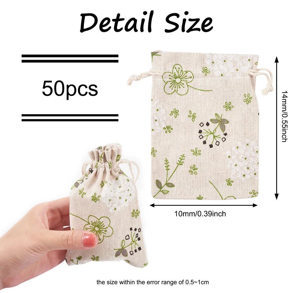 50pcs 14x10cm Christmas Gifts Bags Polyester Cotton Packing Bags Flower Printed Drawstring Pouches for Jewelry Packaging Candy images - 6