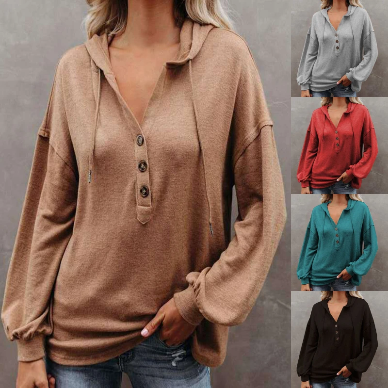

Women's Solid Color Loose Hooded Sweatshirt 2022 Autumn Pullover Coats Long Sleeve Button Casual Sweatshirt Clothing