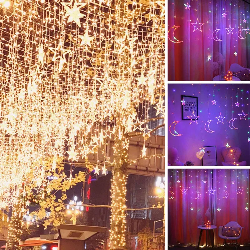 

220V EU Plug Moon Star LED Curtain Lights Christmas Fairy Garlands Outdoor LED Twinkle String Lights Holiday Festival Decoration