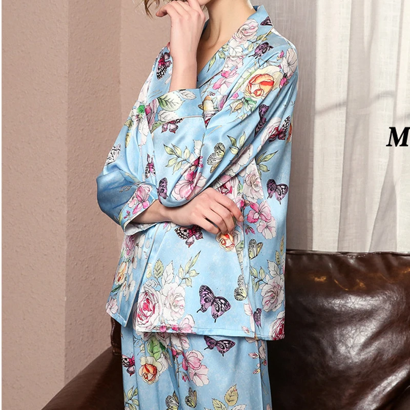 2020 new Heavy silk Pajamas women Suit Long sleeve printing Simplicity silk Tracksuit