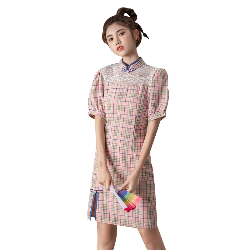 

Spring, summer, the new women's short sleeve cultivate one's morality cheongsam button lace collar beading