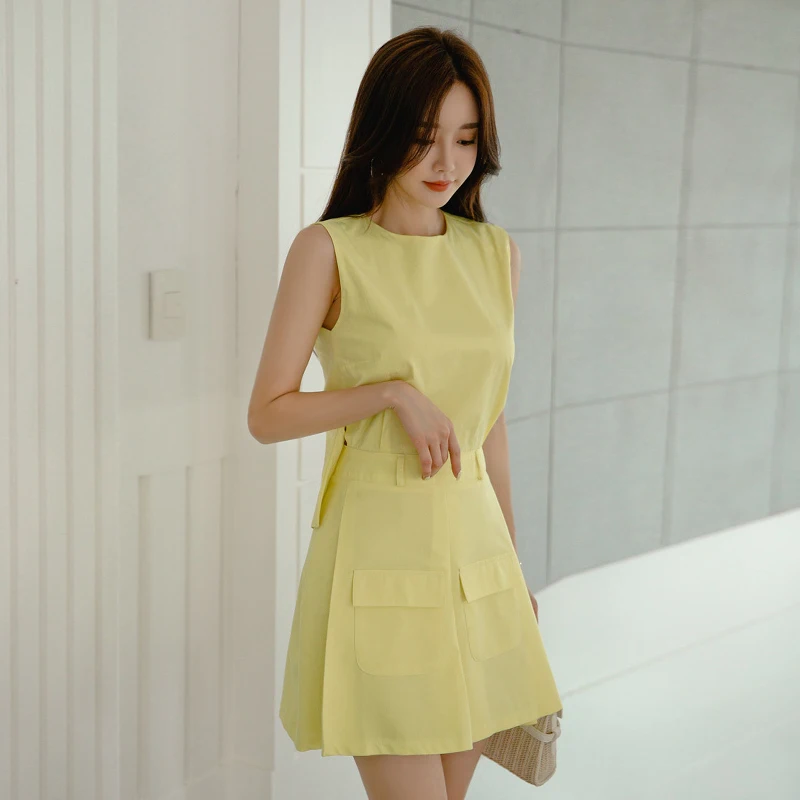 

Korean Style Mini Summer Vestidos Slim Sleeveless Women Dress Simple High Waist Casual Party Work A-line Dresses Yellow TA3777