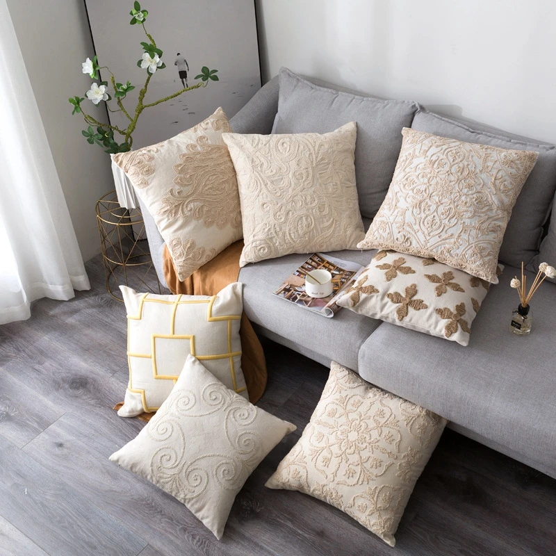 

European Style Cushion Cover Embroidered Geometric Striped Pillowcase 50x50CM Living Room Bedroom Sofa Bed Throw Pillows Case