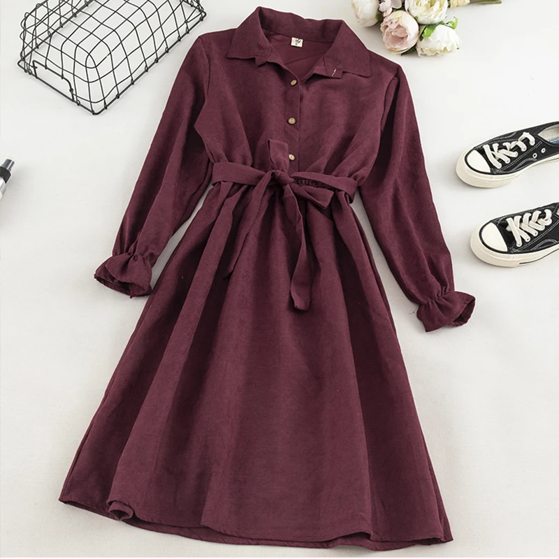 Винтажное однобортное женское платье 2019 элегантное с отворотом длинным рукавом