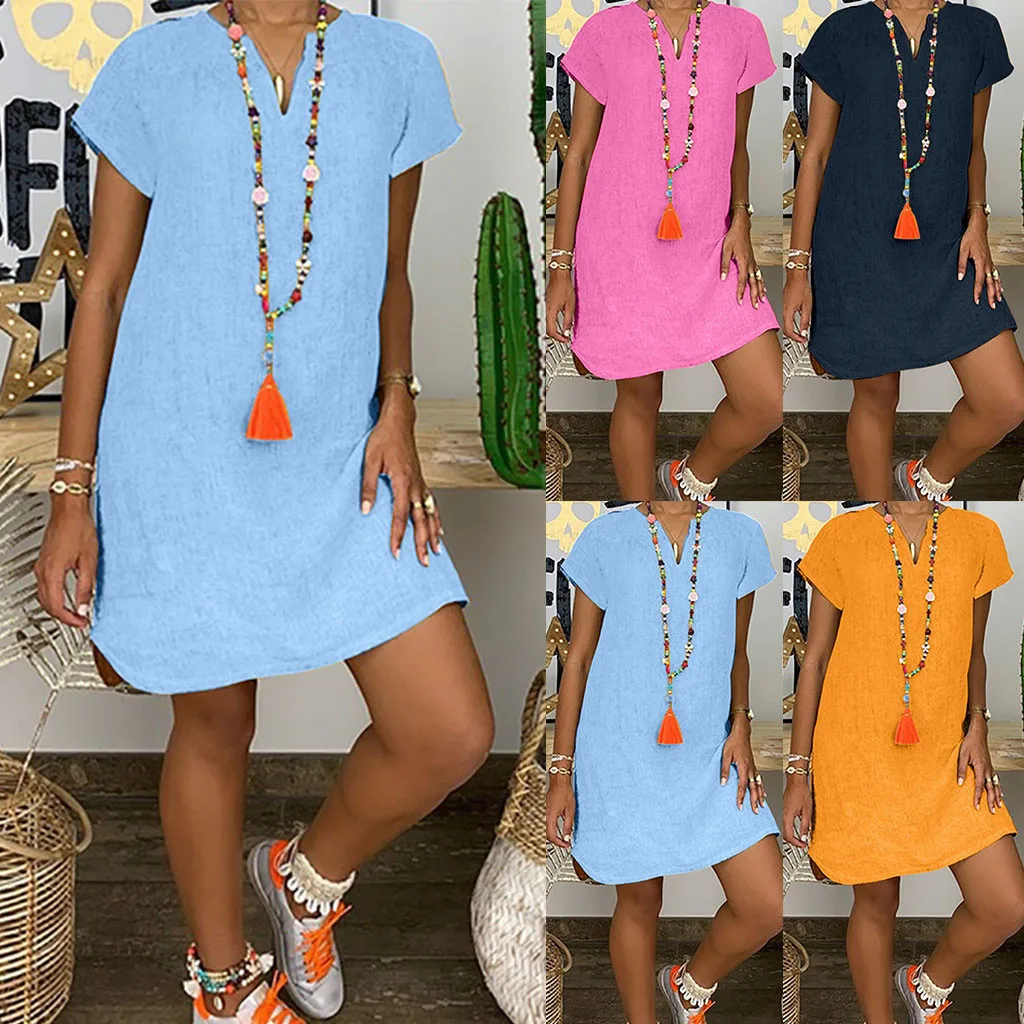 

SAGACE Dropshipping Fashionable Simple Women's Fashion Loose Leisure V-collar Short Sleeve Summer Dresses Girls женское платье