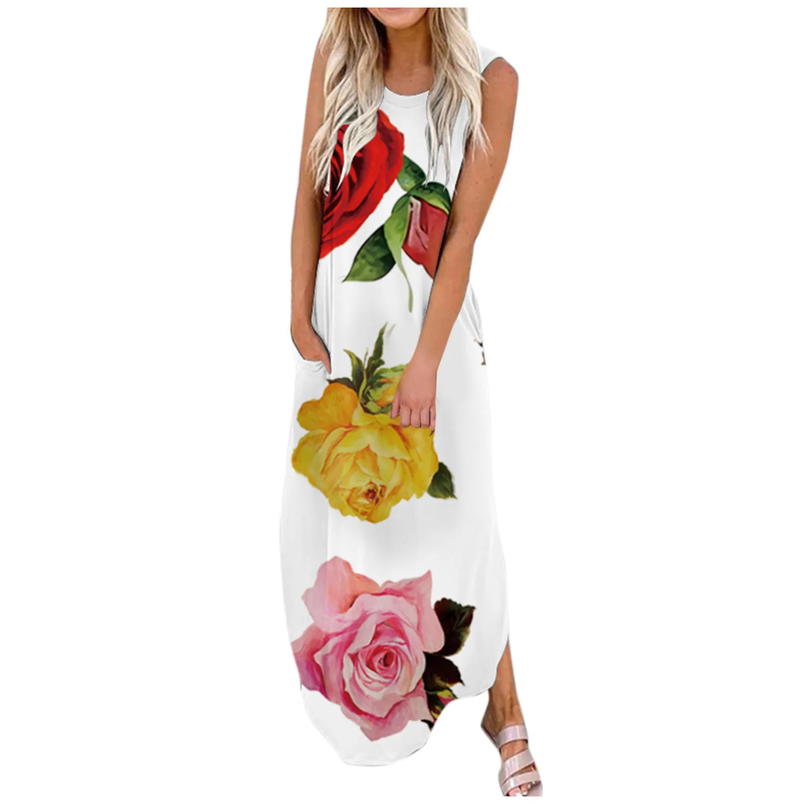 

Женский Сарафан Макси, с цветочным принтом, без рукавов, с круглым вырезом
