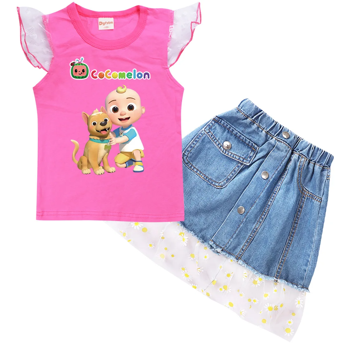 

2021 Summer Cocomelon Dog Clothes Baby Girls Cute Flying Sleeves Tops + Short Denim Skirt 2 Sets Children's Clothing Kids Outfit