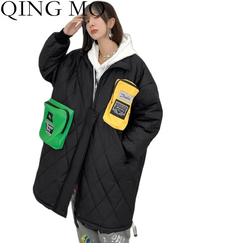 

QING MO Contrasting Color Stitching Pocket Embellished Cotton Jacket Winter Thick Mid-length High Collar Jacket TT215Q