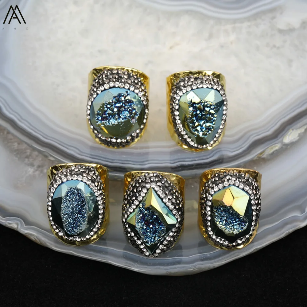 5 шт. Позолоченные Зеленые Агаты медные кольца продажа Бесплатная форма друзы