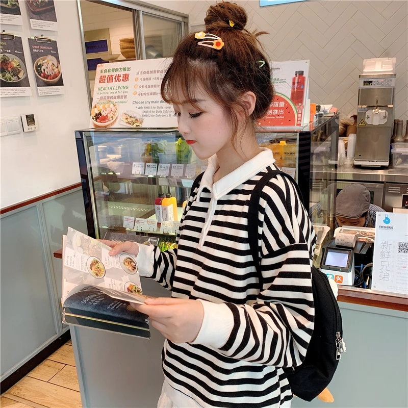 

Women Sweatshirts Vintage Black White Striped Long Sleeve Tops Fall 2021 Casual Fashion Loose Pullover Sweatshirt Female Winter