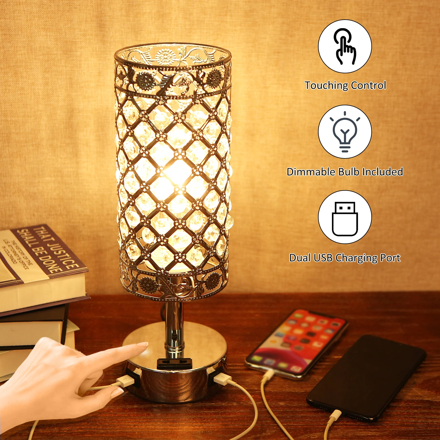 

Tomshine Touching Control Bedside Table Lamp with Dual USB 3way Dimmable Nightstand Desk Light for Bedroom Office Bulb Included
