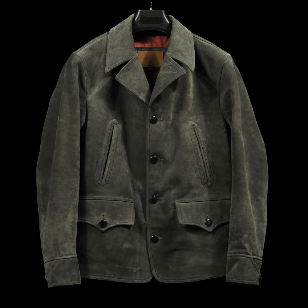 

Free shipping.luxury Gray Suede leather jacket.High quality Japan brakeman vintage cowhide coat.casual leather clothes