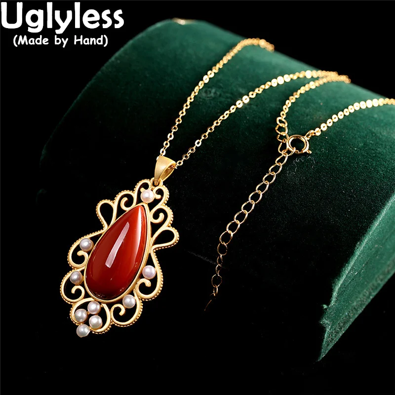 

Uglyless Hollow Frame Luxury Palace Design Women Dress Necklaces Water Drop Agate Pearls Pendants+Chain 925 Silver Vogue Jewelry