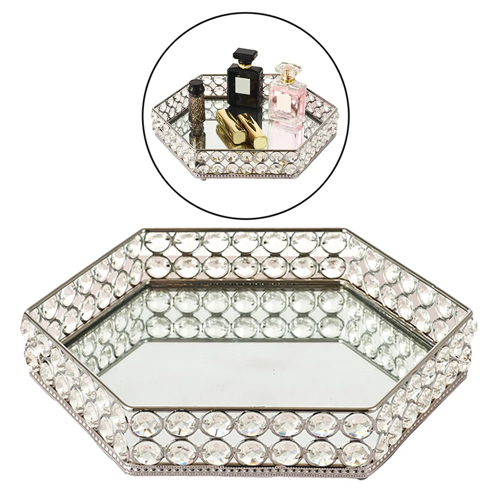 

Зеркальный хрустальный поднос-декоративный поднос для парфюмерии, ювелирных изделий и макияжа (шестигранный, 11 дюймов, серебристый)
