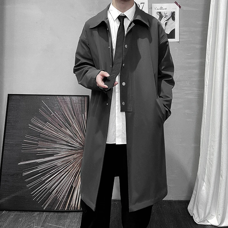

Spring and Autumn Dark Style over the Knee Trench Coat Men's Loose plus Size Lapels Mid-Length Jacket Coat Fashion