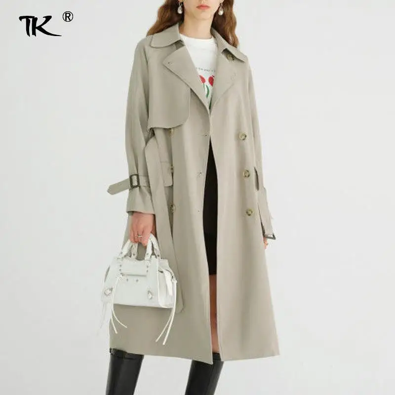 

Women's Solid Trench Coat Double Breasted Long Sleeve Overcoat Casual Elegant Female Windbreaker Spring Autumn New Fashion 2021