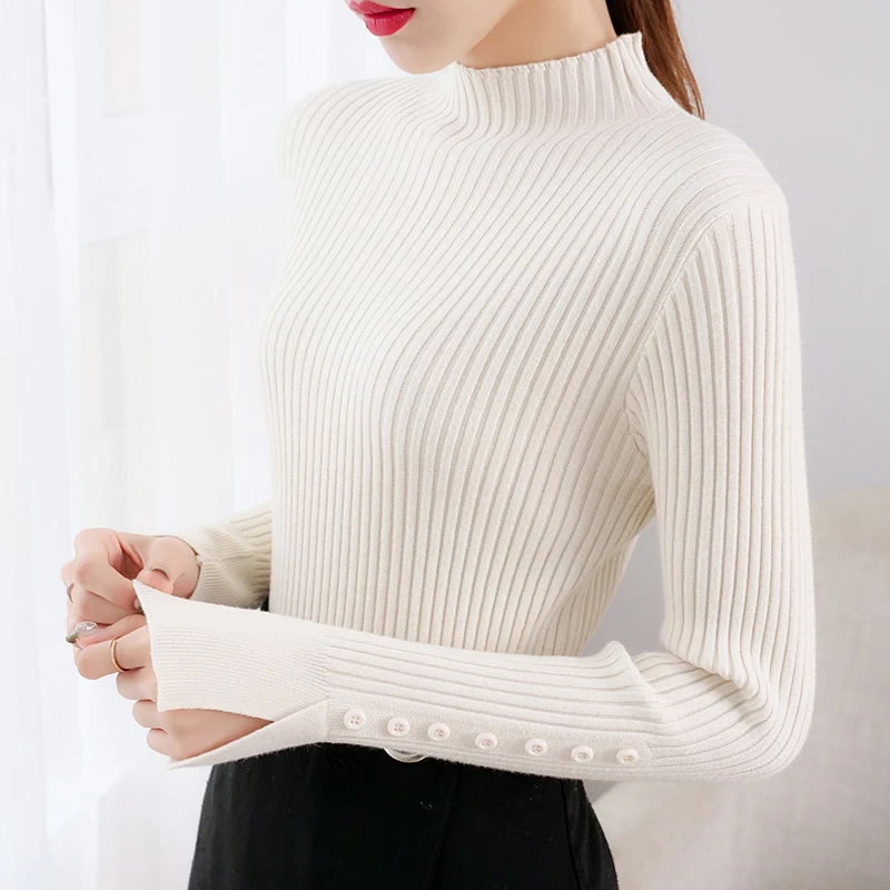 

Half Turtleneck Pullovers Solid Criss-Cross Button 2021 Autumn Winter All Match Women Sweaters Slim Thick New Pull Femme Fashion