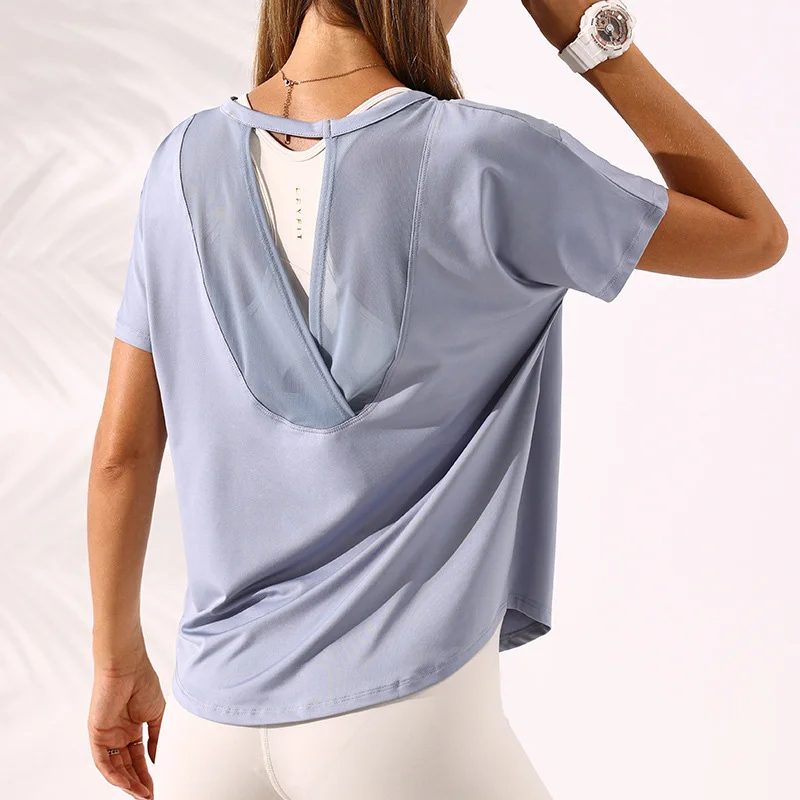 

Топ для йоги, свободная быстросохнущая майка, женская футболка с открытой спиной для тренажерного зала, женская повседневная спортивная ру...