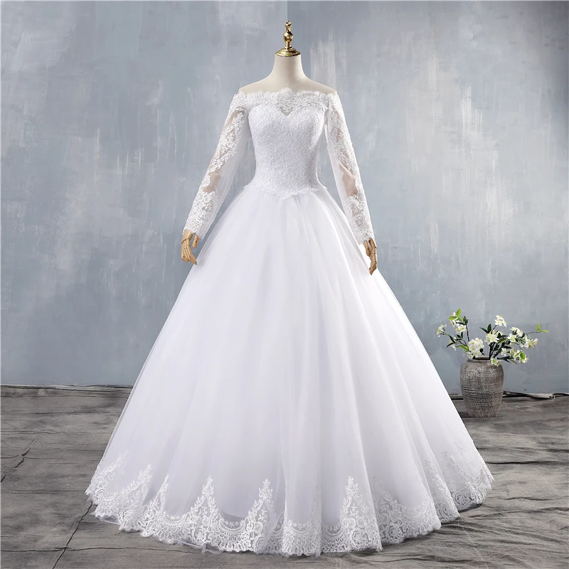 

ZJ9151 Sexy Lace Ball Gown Elegant Long Sleeve Wedding Dress For Plus Size Women 2020 2021 Bride Dresses Lace Bottom