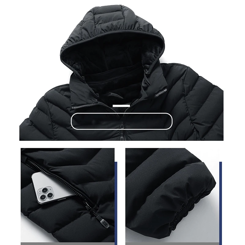 Black Windproof Hooded Jacket Men Warm Men's Parkas Coat Winter Casual Thick Hat Jacket Outwear Homme Clothing Oversized L-4XL