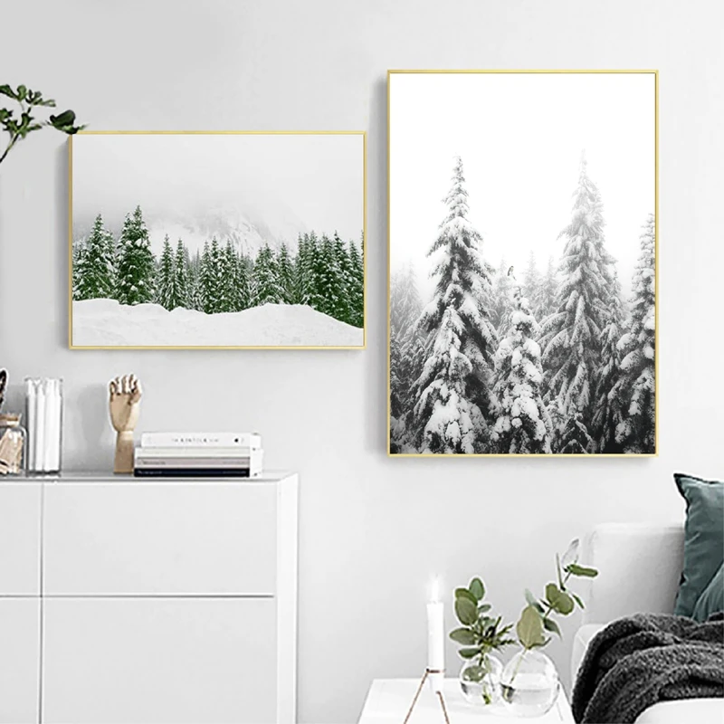Modern Scandinavian Print Snow Trees Forest Poster Nature Winter Landscape Photography Art Canvas Painting Home Wall Art Decor