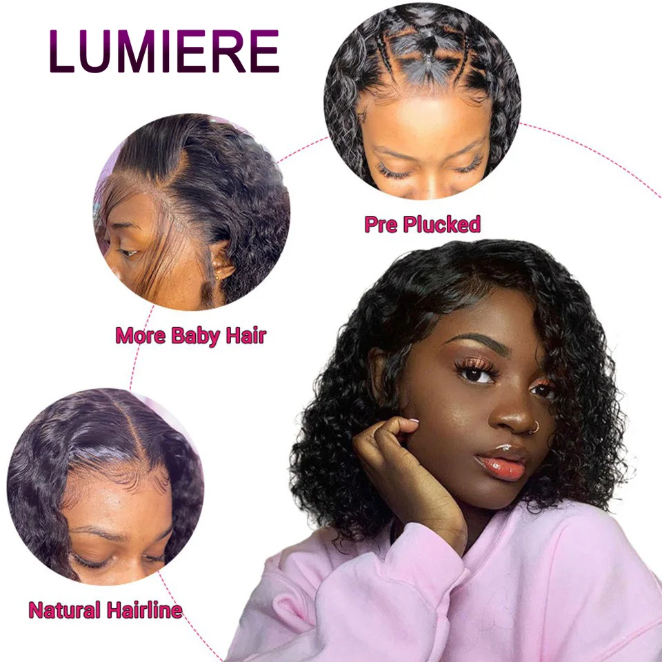 Lumiere Волосы Кудрявые кудрявые парик не-Реми короткий боб парики кружева фронта