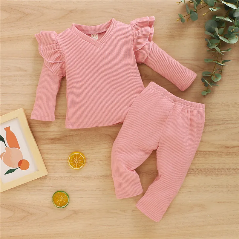 

Newborn Baby Girls Clothes 2Pcs Set Ribbed Knitted Long Sleeves V-neck T-shirt+Pants Infant Toddler Autumn Clothing Outfits