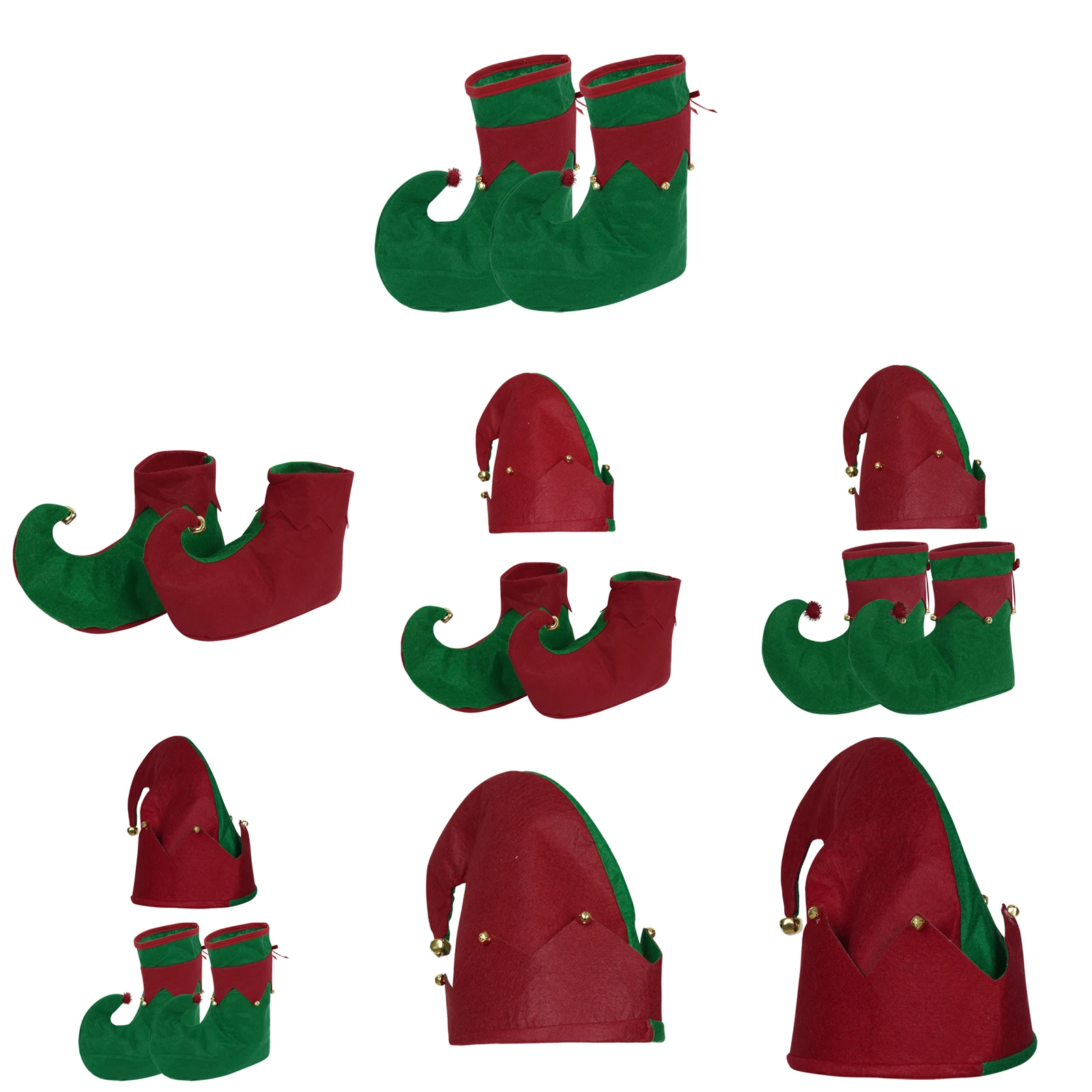 Red and Green elf Shoes Velvet Elf Hat Christmas Holiday Elf Foot Slippers w/Bells Adults Children Xmas Party Costume Accessorie