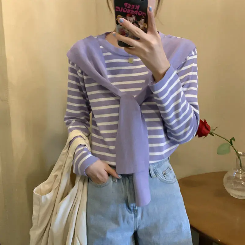

Harajuku Striped Women T Shirts O-neck Long Sleeve Female T-shirts Tops Autumn Spring Ladies Girls Tshirt Casual Woman Tee Tops