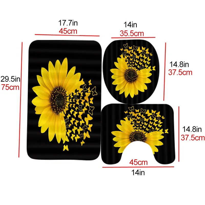 

4PCS/Set Sunflower Butterfly Print Shower Curtain Waterproof Bathroom Curtain Toilet Cover Mat Non-Slip Rug Set Bathtub Decor