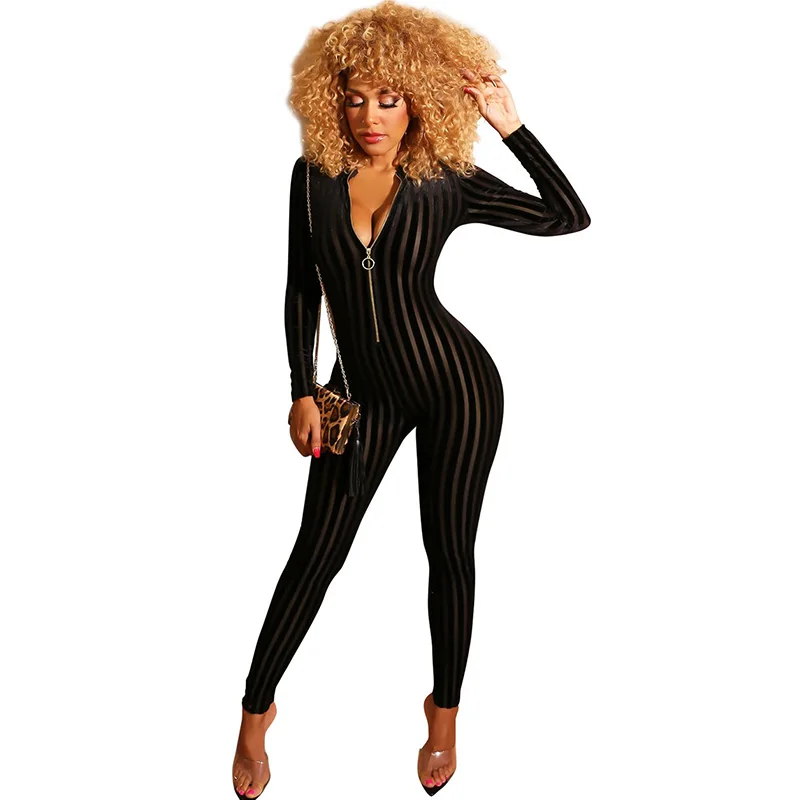 Комбинезон женский сетчатый в полоску пикантный комбинезон с длинным рукавом и