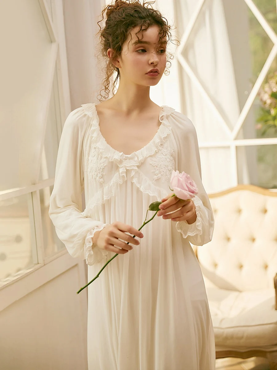 Ночная рубашка винтажная ночная Милая Осеннее кружевное Женское ночное платье с