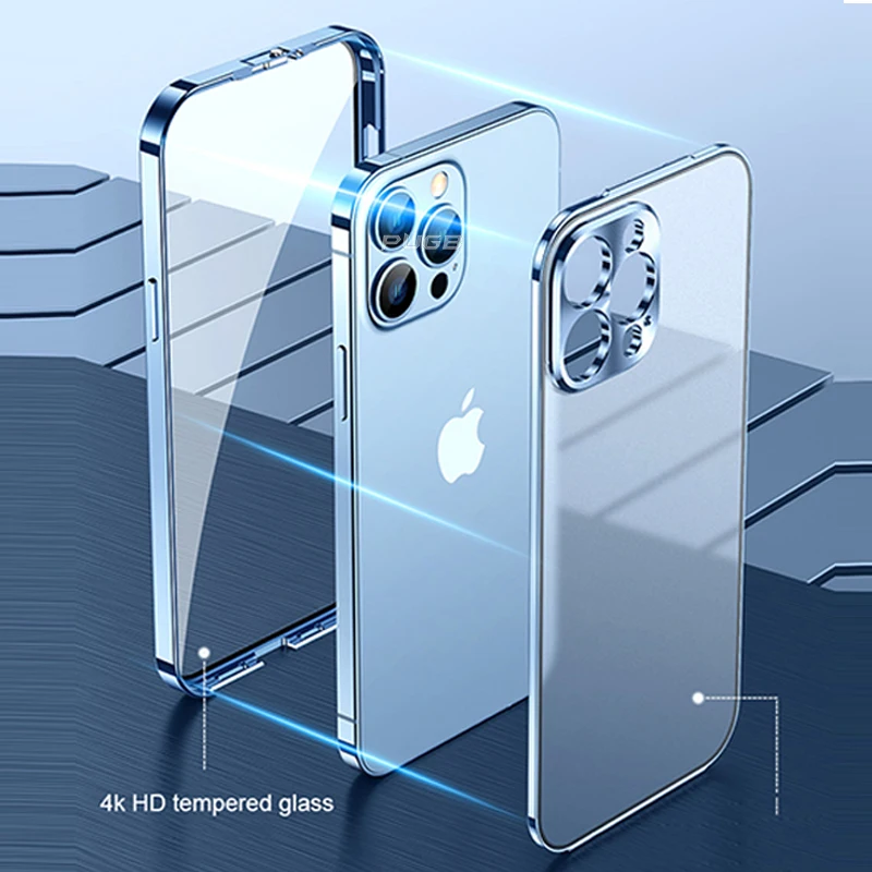 Funda de Metal de aluminio de lujo para iPhone, carcasa transparente mate de vidrio de doble cara para iPhone 13 Pro Max 13pro 360, cubierta protectora completa a prueba de golpes-1