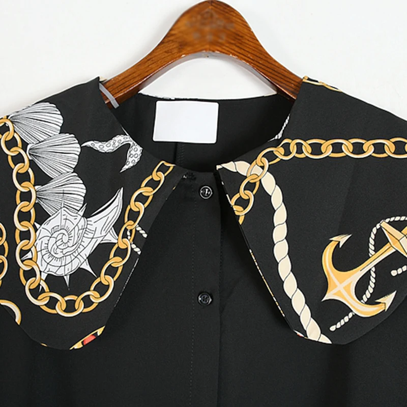

CHICEVER Vintage Black Print Shirt For Women Peter Pan Collar Half Sleeve Hit Color Loose Button Blouses Female Fashion 2021 New