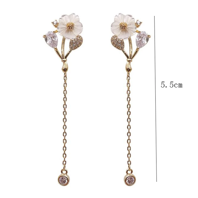 

Korea Style Fairy Long Dangle Tassel Earrings Temperament Simple Shiny Rhinestone Shell Flower Earrings Women Lady Wedding