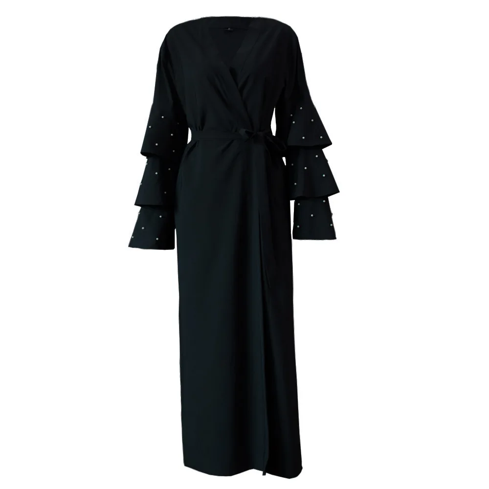 

Donsignet Muslim Dress Muslim Fashion Middle East Eid Duabi Abaya Turkey Robe Bead Multi Layer Trumpet Sleeve Belt Cardigan Robe