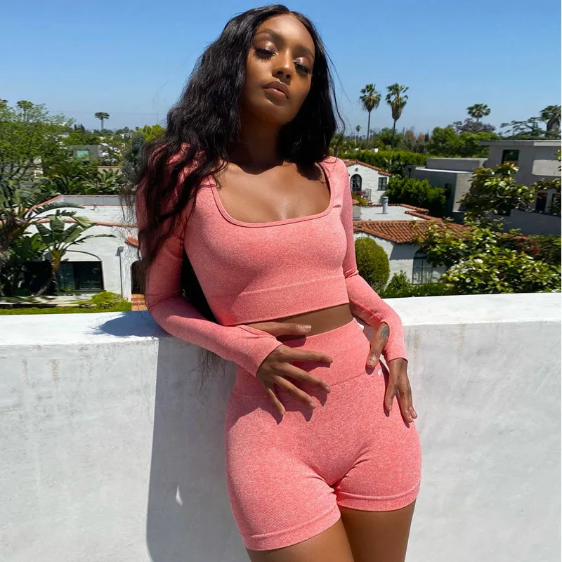 

Yoga Sets Women Sportswear Fitness Suits Gym Clothing Long Sleeve Shirts High Waist Shorts 2PCS Suits Solid Yoga Sexy Tracksuits